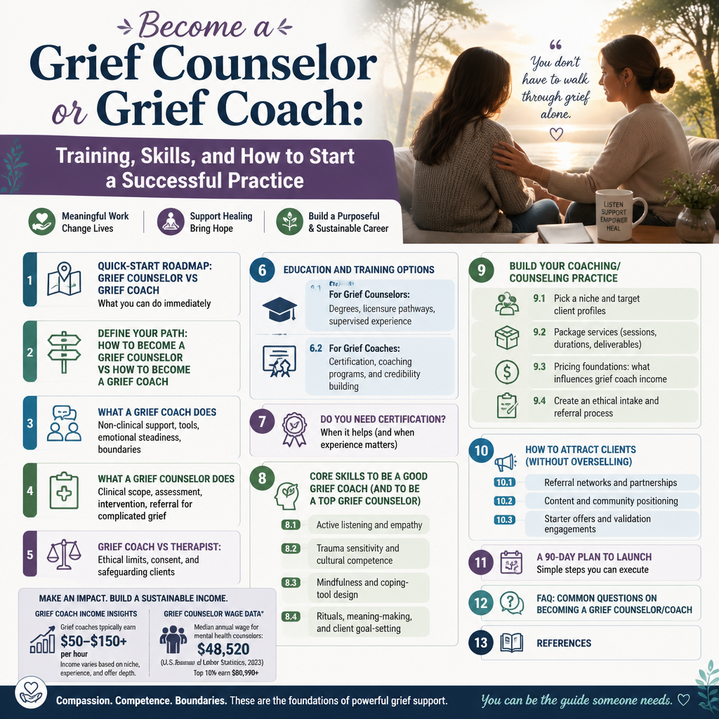 Become a Grief Counselor or Grief Coach: Training, Skills, and How to Start a Successful Practice + (infograph)
