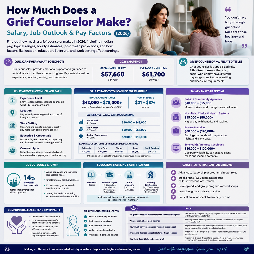 How Much Does a Grief Counselor Make? Salary, Job Outlook & Pay Factors (2026) + (infograph)