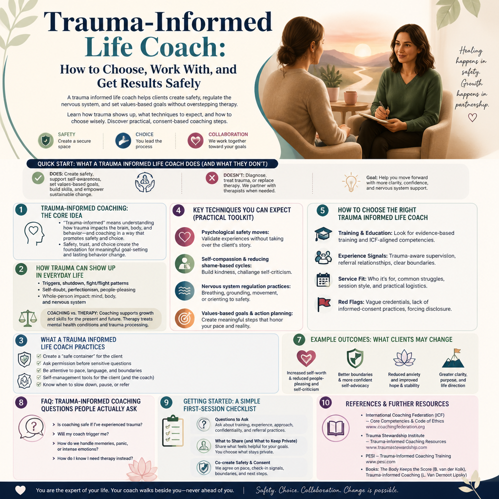 Trauma-Informed Life Coach: How to Choose, Work With, and Get Results Safely + (infograph)