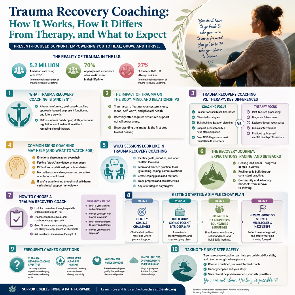 Trauma Recovery Coaching: How It Works, How It Differs From Therapy, and What to Expect + (infograph)