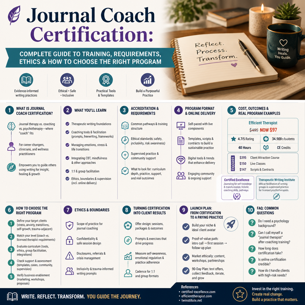 Journal Coach Certification: Complete Guide to Training, Requirements, Ethics & How to Choose the Right Program + (infograph)